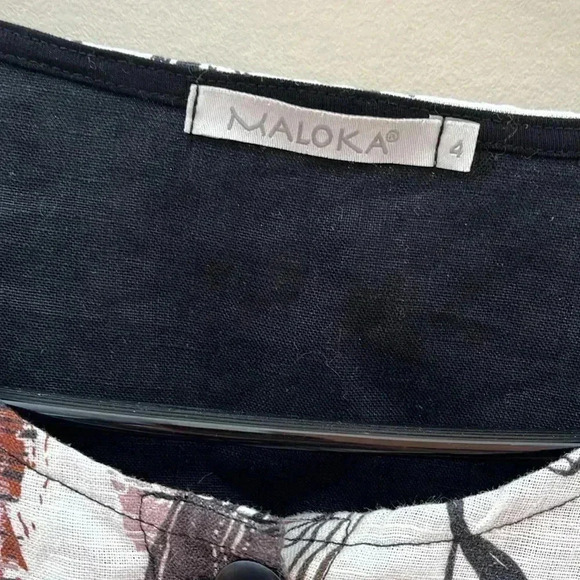 [Size4]Maloka Linen Blend  Button Down Black Lily Sketch Art light Jacket/Blouse - Picture 2 of 11